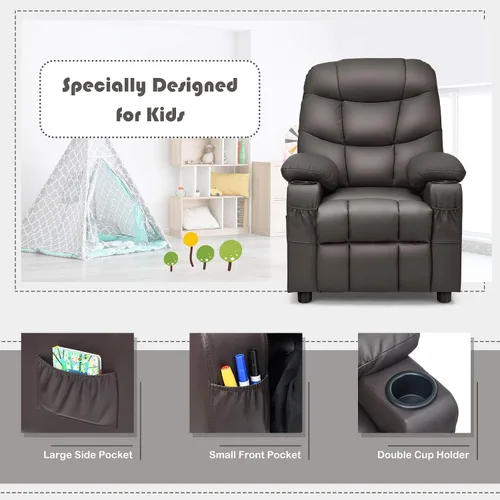 Miniatura 6 de GLACER Silla reclinable para niños con portavasos y bolsillos laterales, reclinable para niños con respaldo cómodo, reposabrazos y reposapiés, Marrón