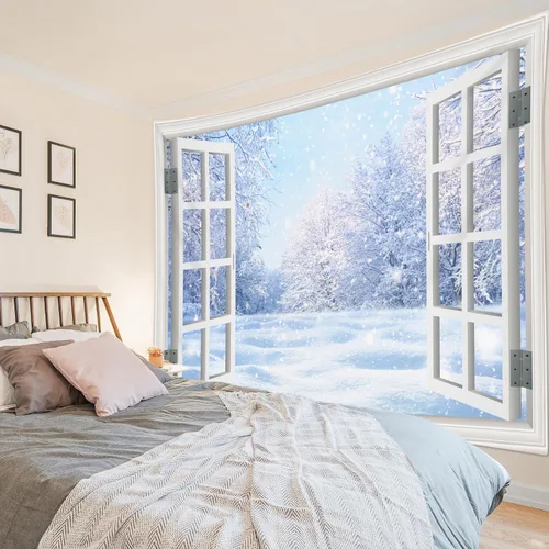 Miniatura 25 de LB Tapiz de Navidad de invierno, ventana de invierno exterior, pino nevado en bosque, tapiz de pared para dormitorio, paisaje de montaña, arte