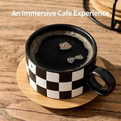 Miniatura 3 de LUKA - Juego de 4 tazas de café espresso apilables de cerámica con tablero de ajedrez en blanco y negro de 6 onzas, con platillos y soporte