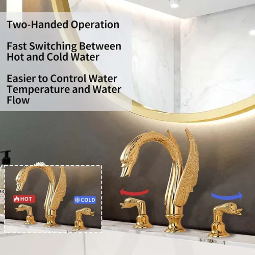 Miniatura 3 de Oro dorado adornado estilo cisne baño fregadero grifo combinado cubierta montaje fregadero mezclador grifo conjunto agua fría caliente