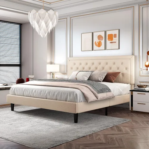 Miniatura 3 de Einfach Marco de cama tapizado de tela capitonada con botones y cabecera ajustable, soporte de listones de madera, base de colchón, fácil montaje