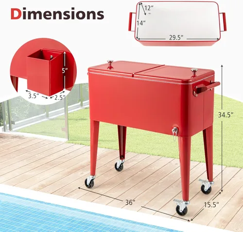 Miniatura 7 de HAPPYGRILL 80 Quart Rolling Cooler Cart with Lockable Wheels, Outdoor Beer Beverage Cooling Ice Chest with Bottle Opener & Cap Catcher, for Party