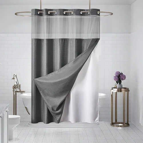 Miniatura 7 de Furlinic - Cortina de ducha para cabina sin ganchos con forro a presión, cortinas de baño de tejido gofre impermeables con ventana superior Beige