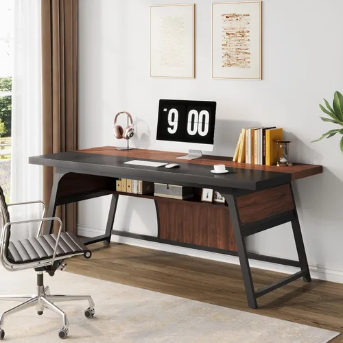 Miniatura 3 de Escritorio ejecutivo de 63 pulgadas con estante de almacenamiento, escritorio grande de oficina en casa con marco de metal y luz LED, escritorios