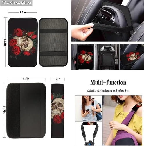 Miniatura 5 de Juego de 13 piezas de accesorios de automóvil de calavera con rosa roja, incluye fundas de asiento delantero y trasero, parabrisas de automóvil