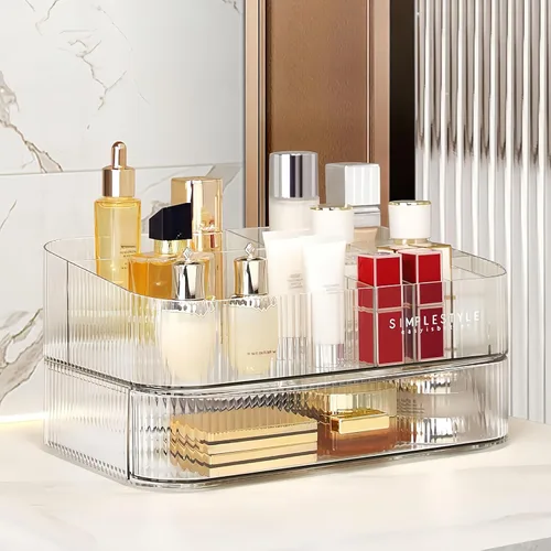 Miniatura 20 de Cajón organizador apilable de plástico transparente Organiza paletas de sombras de ojos, cosméticos y suministros de belleza en un tocador