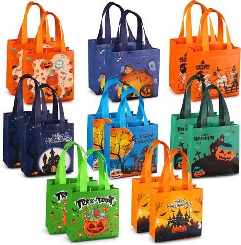 Aviski 16 bolsas de Halloween para dulce o truco, pequeñas bolsas de regalo no tejidas con asas para envolver regalos, suministros de fiesta de