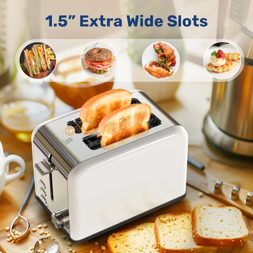 Miniatura 3 de YSSOA Tostadora de acero inoxidable de 2 rebanadas, 6 ajustes de tostado y 3 funciones, ranura extra ancha y bandeja extraíble para migas, para pan