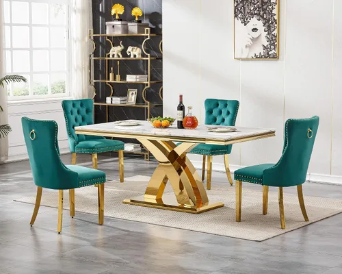 Miniatura 11 de Moderno juego de mesa de comedor de mármol para 4, juego de mesa de comedor de lujo para 4, mesa de comedor de mármol sintético de 68 pulgadas