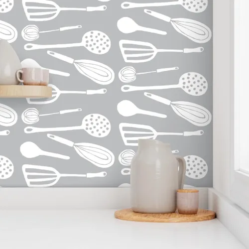Miniatura 8 de Peel & Stick Wallpaper Swatch - Magic Kitchen Tools Driftwood Grey & White Spoon Egg Vintage Custom Removable Wallpaper by Spoonflower