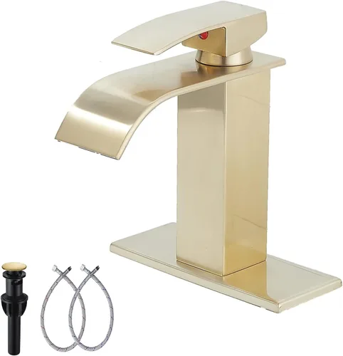 Grifo de baño dorado cepillado GGStudy Waterfall Grifo de fregadero de baño Montaje en cubierta de una sola manija Grifo de tocador de baño con