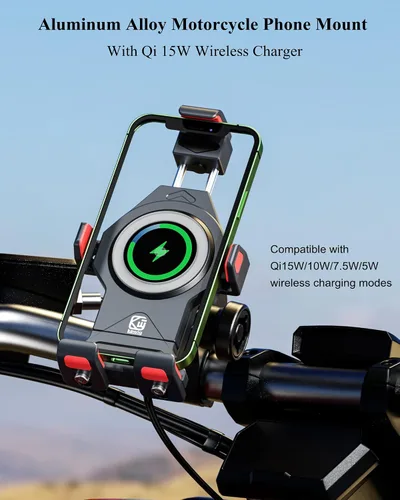 Miniatura 2 de BRCOVAN Soporte de teléfono para motocicleta con cargador inalámbrico Qi de 15 W y amortiguador de vibraciones, antirrobo, antivibración, ajustable
