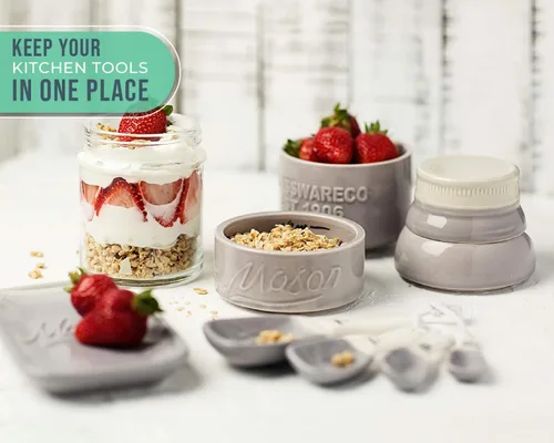 Miniatura 5 de Comfify Mason Jar Menaje de Cocina – 4 Tazas Medidoras, 4 Cucharas, Apoya Cucharas – Cerámica Vintage en Gris