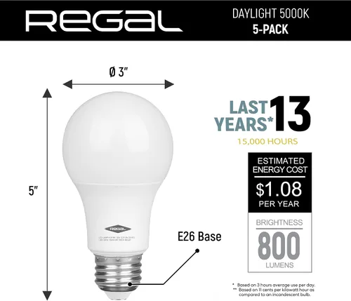 Miniatura 2 de REGAL - Bombilla LED A19 (800 lúmenes, 9 W, equivalente a 60 W, base E26, intensidad no regulable)