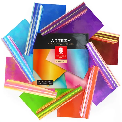 ARTEZA Hojas de vinilo holográficas autoadhesivas, 12 x 12 pulgadas, paquete de 8, ópalo rojo y rosa, fácil de desmalezar y cortar, SAV para