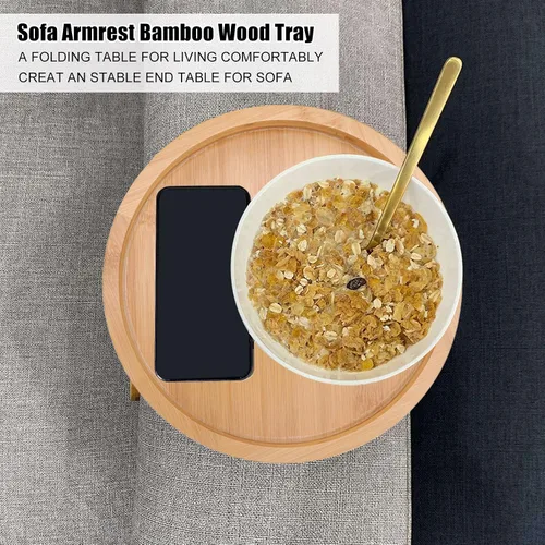 Miniatura 3 de Bandeja de aperitivos para sofá, textura de madera, bandeja para reposabrazos de sofá, mesa de brazo plegable con clip para aperitivos de café y té