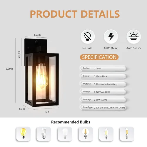 Miniatura 5 de Accesorio de Luz con Sensor de Movimiento del Amanecer al Anochecer para Exteriores, Luces Impermeables para Porche, Luz de Montaje en Pared