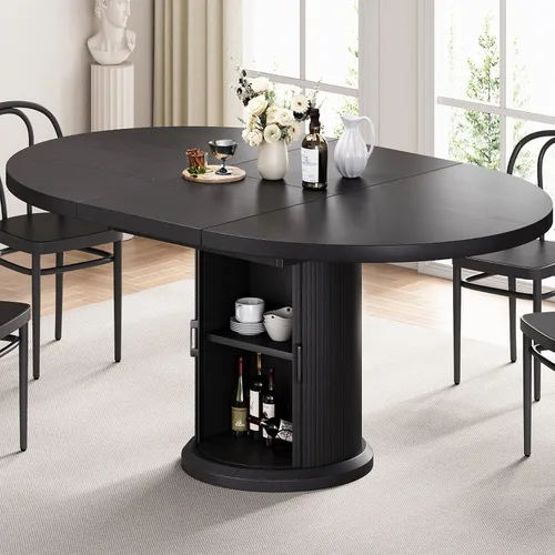 Jocoevol Mesa de comedor redonda extensible de 47 a 63 pulgadas para 4 a 8 años con estante de almacenamiento de 2 niveles a prueba de polvo, ahorro