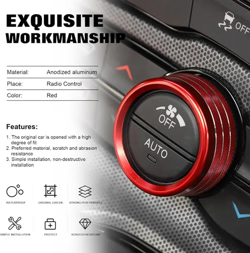 Miniatura 6 de x xotic tech 3 piezas de aluminio rojo CA interruptor de volumen botón de control de botón de control de anillo cubierta compatible con Dodge