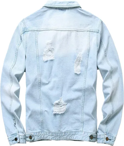 Miniatura 2 de LAMKUKU Chaqueta de mezclilla para hombre rasgada ajustada, abrigo de chaqueta vaquera para hombres