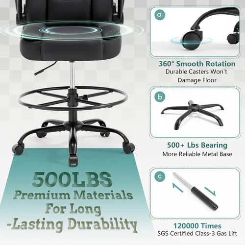 Miniatura 9 de Silla ergonómica de dibujo, silla de oficina alta para escritorio de pie, silla de escritorio de pie con respaldo alto con reposabrazos abatibles