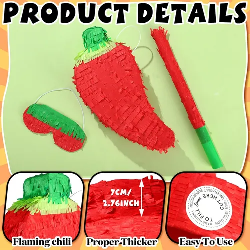 Miniatura 6 de Meooeck Piñata de chile rojo con palito de piñata y venda, piñata divertida para fiesta de festivales de pimiento picante, decoración de fiesta