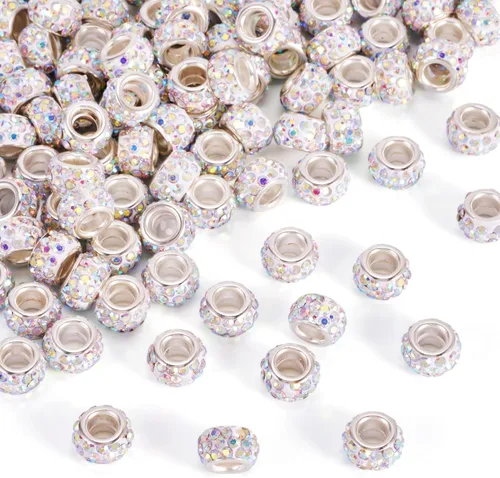 Miniatura 16 de Craftdady 150 cuentas europeas de arcilla polimérica con agujeros grandes, cuentas espaciadoras de diamantes de imitación, 15 colores con 6
