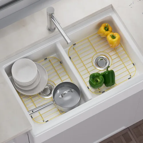 Miniatura 6 de Paquete de 2 rejillas de metal dorado para fregadero de cocina, 13"L X 11.6"W, protectores de fregadero de acero inoxidable con orificio de drenaje