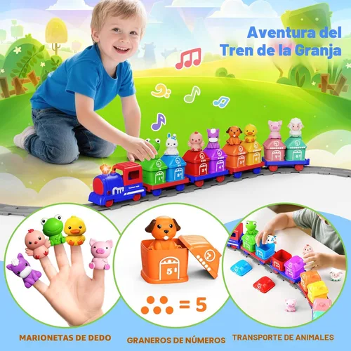 Miniatura 3 de Juguetes de aprendizaje para niños de 1, 2, 3 años, juego de tren de granja eléctrico para niñas de 2 a 4 años, juguete de tren Montessori para Azul