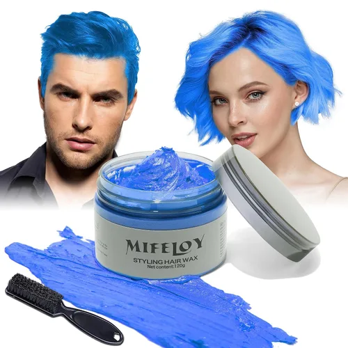 Cera temporal de color azul para el cabello con cepillo de tinte, crema de peinado natural instantánea de 4.23 onzas, barro para colorear desechable