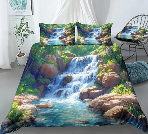 REALIN Waterfalls Woods Duvet Cover Set Wonderland Forest Fantasy Woods Bedding Girl Boy Kids Bed Sets 2/3/4PCS Quilt Covers/Sheets/Pillow