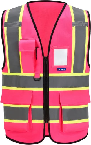 AYKRM 11 color alta visibilidad reflectante chaleco de seguridad para mujeres hombres bolsillo cremallera ANSI/ISEA estándar Rosa
