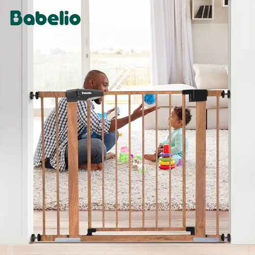 Miniatura 7 de BABELIO Extensión de puerta de metal para bebés con patrón de madera, puerta extra ancha para mascotas de 2.75 pulgadas para escaleras y puertas