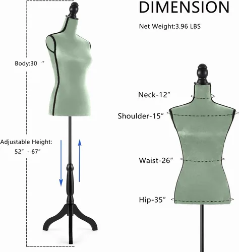 Miniatura 2 de HOMBOUR Cuerpo de maniquí femenino, forma de vestido de torso de maniquí de costura, maniquí ajustable con soporte para modista de exhibición (verde)