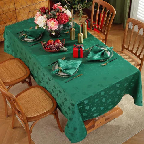 Miniatura 2 de Honellaty Mantel Verde de Navidad, Tela Jacquard con Patrón de Árbol de Navidad Mantel Rectangular, Mantel de Damasco para Mesas Rectangulares