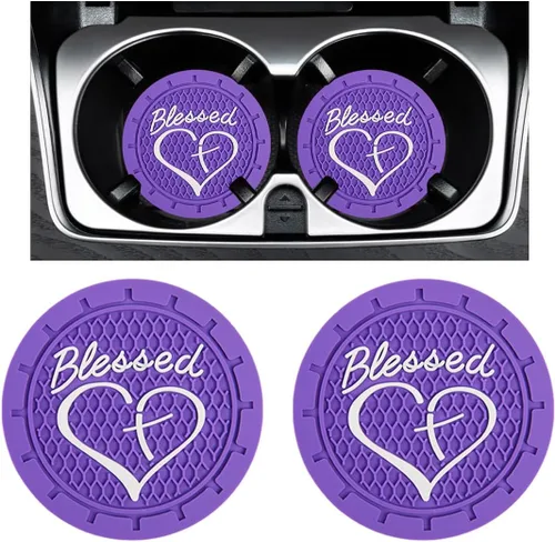 Miniatura 15 de Augeny 2PCS Posavasos para Portavasos de Coche, Posavasos de Inserción de PVC Antideslizantes, 2.76 Pulgadas Cruz Bendecida y Corazón Cristiano