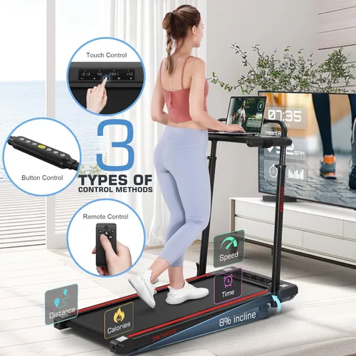 Miniatura 5 de ANCHEER Cinta de correr con inclinación del 12%/15%, almohadilla plegable con barra de asa, capacidad de 320-450 libras debajo del escritorio, Rojo