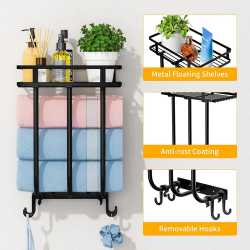 Miniatura 3 de Toalleros para baño, toallero montado en la pared con estante de metal y 4 ganchos para colgar, estante de toallas para baño pequeño, puede contener