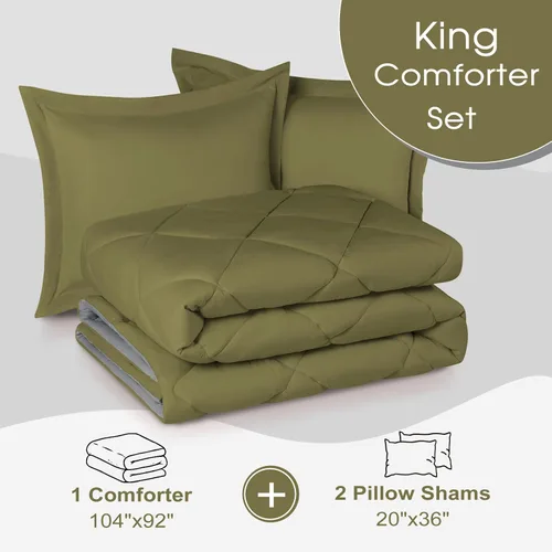 Miniatura 6 de Juego de edredón tamaño King de Basic Beyond - Juego de edredón King color verde oliva, juego de edredón reversible para cama King para todas las 13