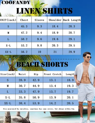 Miniatura 6 de COOFANDY Camisas de lino para hombre, manga corta, con botones, para playa, hawaiana, juego de 2 piezas