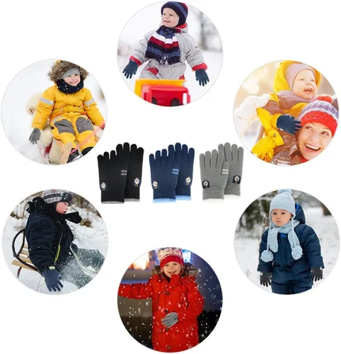 Miniatura 7 de ORVINNER Guantes de invierno para niños y niñas, 3 pares de guantes cálidos con forro de lana para niños pequeños, guantes térmicos de punto