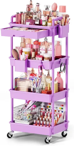 Miniatura 13 de Goovilla Carrito Organizador de Maquillaje Rodante con Cajón Extraíble, Carrito de Almacenamiento de Cuidado de la Piel de 3 Niveles Estable Negro