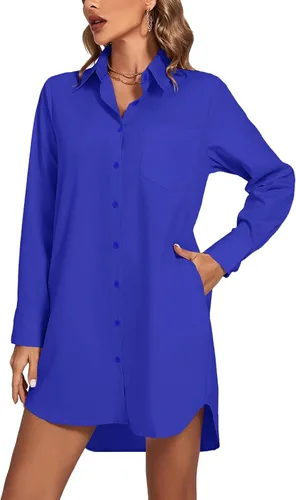 Miniatura 18 de LYANER Vestido camisero para mujer con cuello en V, botones, manga larga y dobladillo curvado