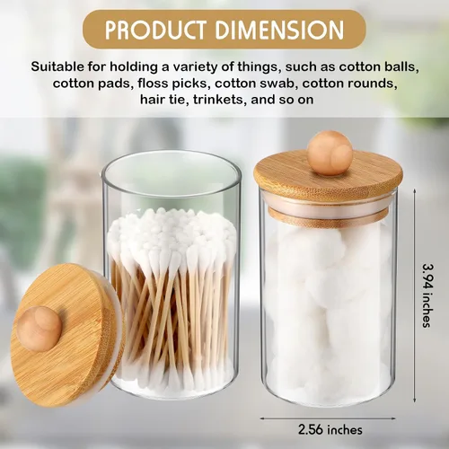 Miniatura 2 de Paquete de 6 tarros de boticario de vidrio con tapas, accesorios de baño de bambú, bolas de algodón, almohadillas para hisopos, frascos de baño
