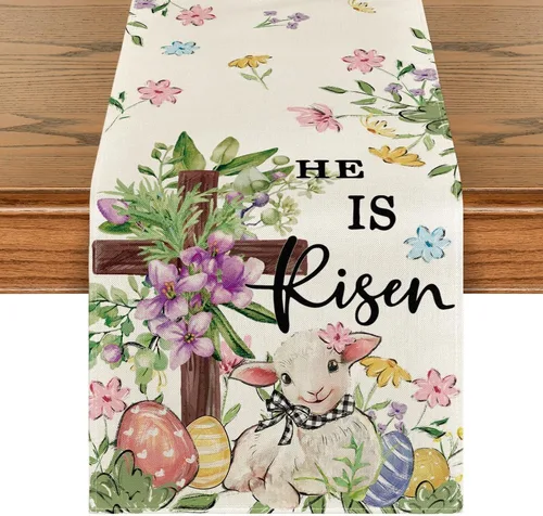 Artoid Mode Camino de mesa de Pascua con huevos cruzados de oveja, flores silvestres de primavera de temporada, decoración de mesa de comedor para