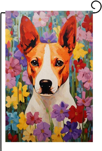 Basenji - Bandera de bienvenida de primavera para jardín, de 12 x 18 pulgadas, de doble cara, de arpillera, margarita pequeña, flores de