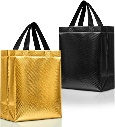 Nush Nush Bolsas de regalo negras y doradas de tamaño mediano, juego de 12 bolsas de regalo reutilizables con asa (6 de cada uno de colores negro y