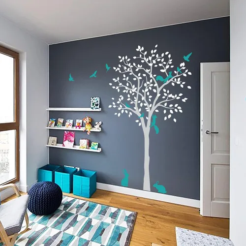 Miniatura 14 de Adhesivo decorativo de pared de árbol grande con pájaros, ardillas y conejos, conejos, decoración de guardería 095 (todo blanco)