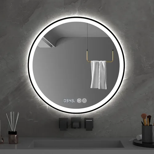 Espejo de baño negro, espejo de baño con luces LED, espejos de baño montados en la pared, luz LED regulable de 3 colores, con control táctil por
