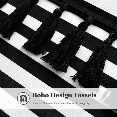 Miniatura 4 de Cortina de regadera negra de Seasonwood con rayas blancas y borlas negras, cortina de baño de poliéster decorativa para spa y hotel, cortinas
